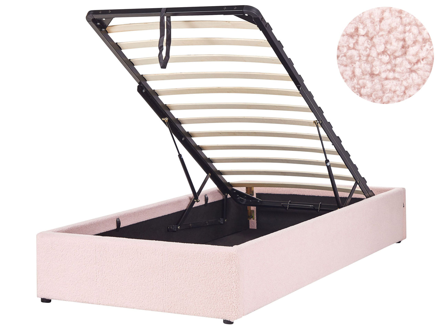 Slatted Bed Frame Pink Boucle Upholstered Ottoman Storage 3Ft EU Single