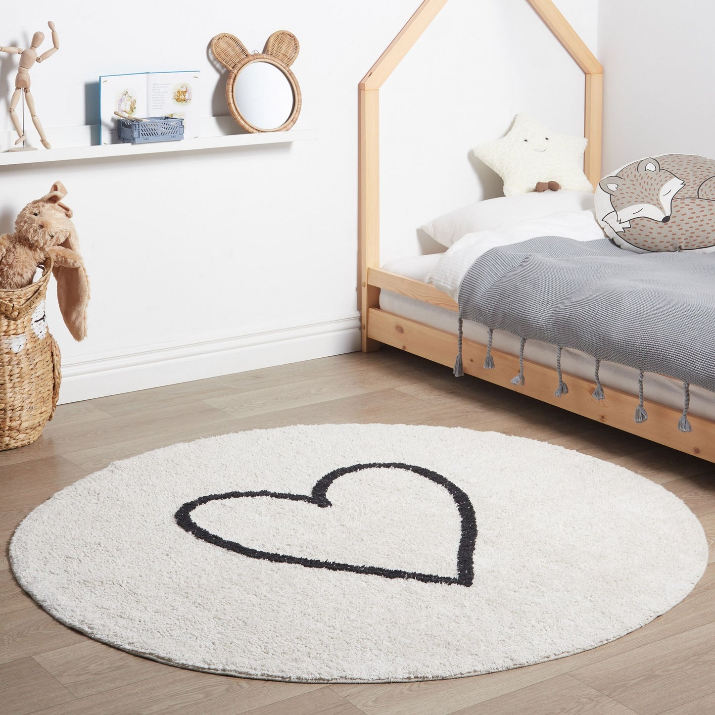 Boho Round Cotton Rug 140cm Beige Black Heart Pattern