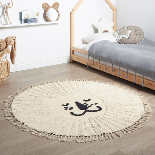 Area Rug Beige Cotton Round 140cm Lion Print Tassels Boho Living Room Kids
