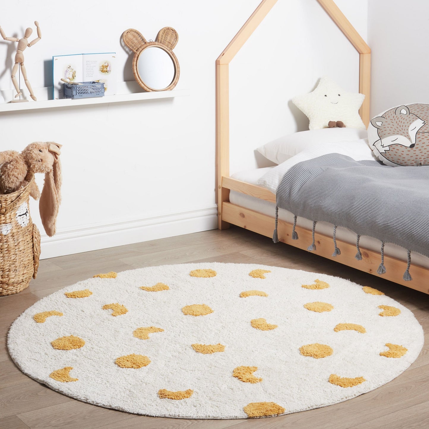 Round Cotton Area Rug 140cm Beige Yellow Boho