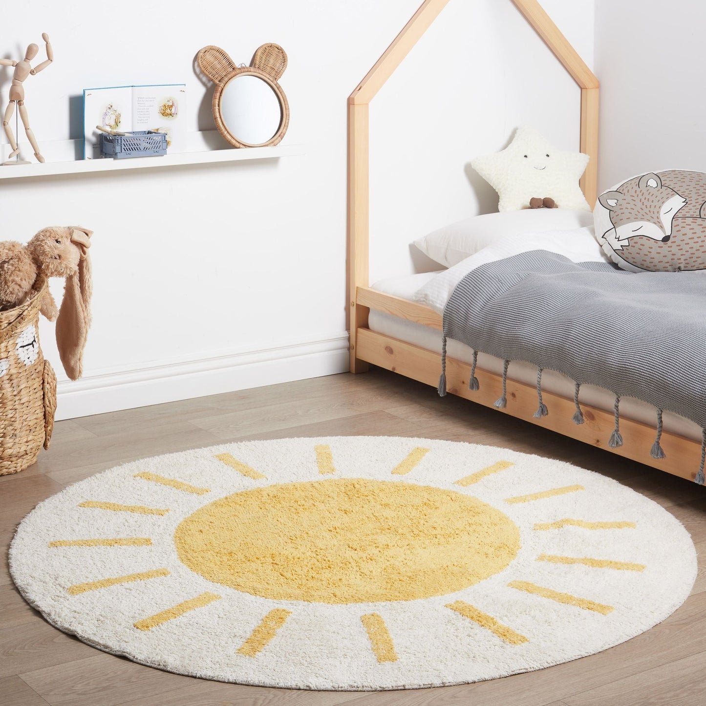 Round Cotton Area Rug 140cm Beige Yellow Kids Room
