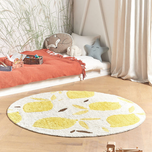 Boho Round Cotton Area Rug 140cm Beige Yellow