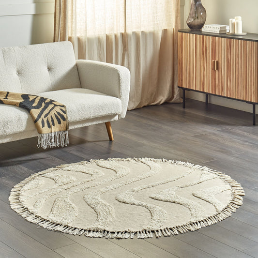 Aura Home Round Beige Cotton Rug 140cm Tufted With Fringe Boho
