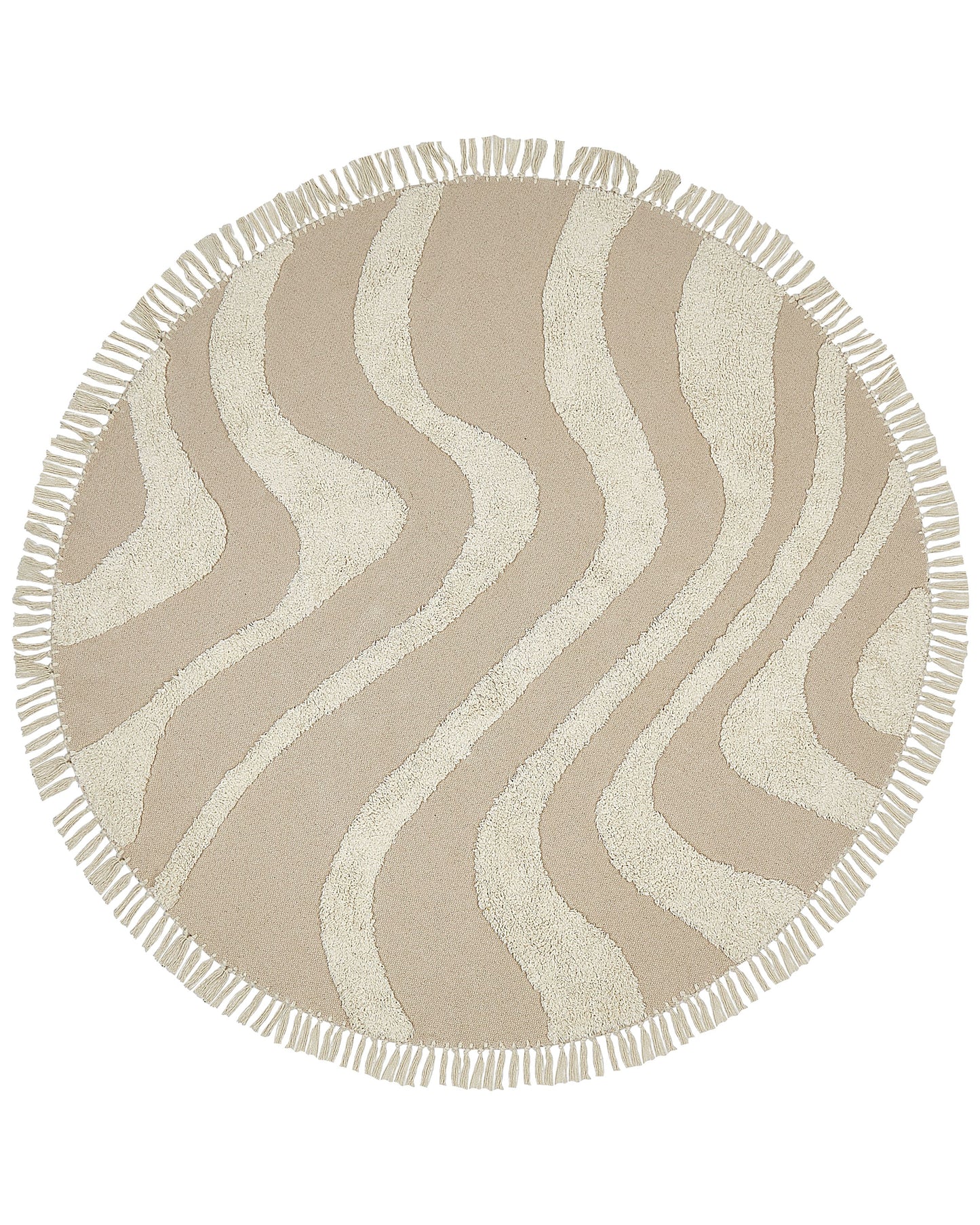 Aura Home Round Beige Cotton Rug 140cm Tufted With Fringe Boho