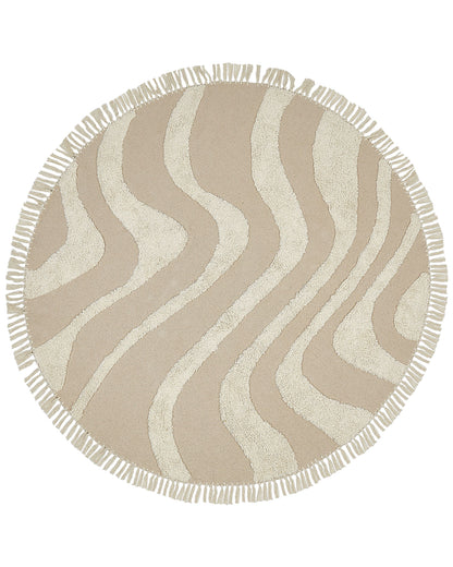 Aura Home Round Beige Cotton Rug 140cm Tufted With Fringe Boho