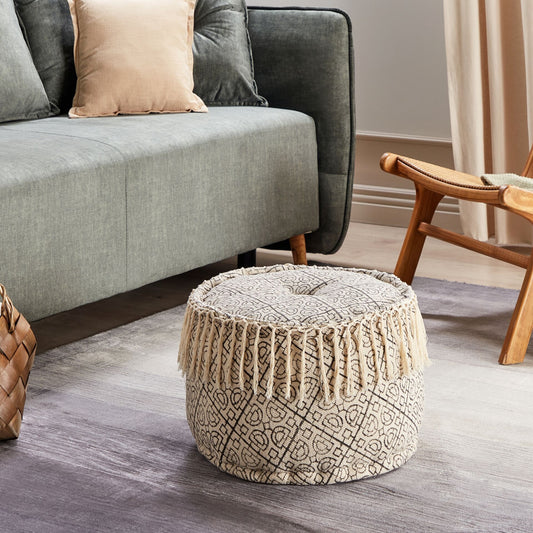 Pouffe Beige Black Cotton 50 x 30cm Handmade Seat