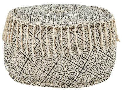 Pouffe Beige Black Cotton 50 x 30cm Handmade Seat
