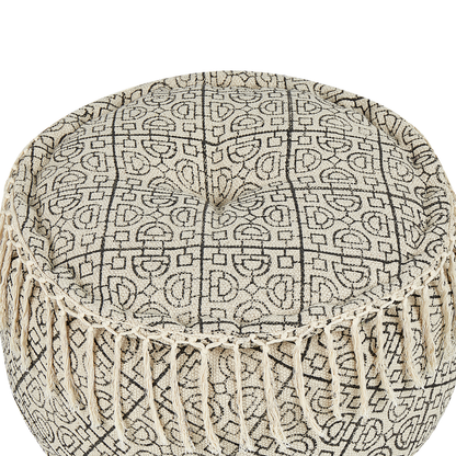 Pouffe Beige Black Cotton 50 x 30cm Handmade Seat