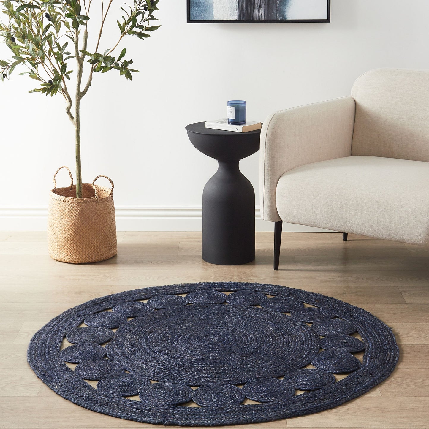 Dark Blue Jute Round Rug 120cm Handwoven Boho Style