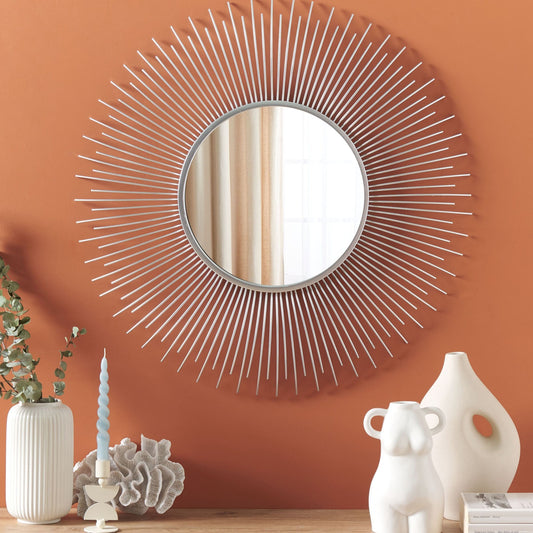 Wall Mounted Silver 80cm Round Sunburst Mirror