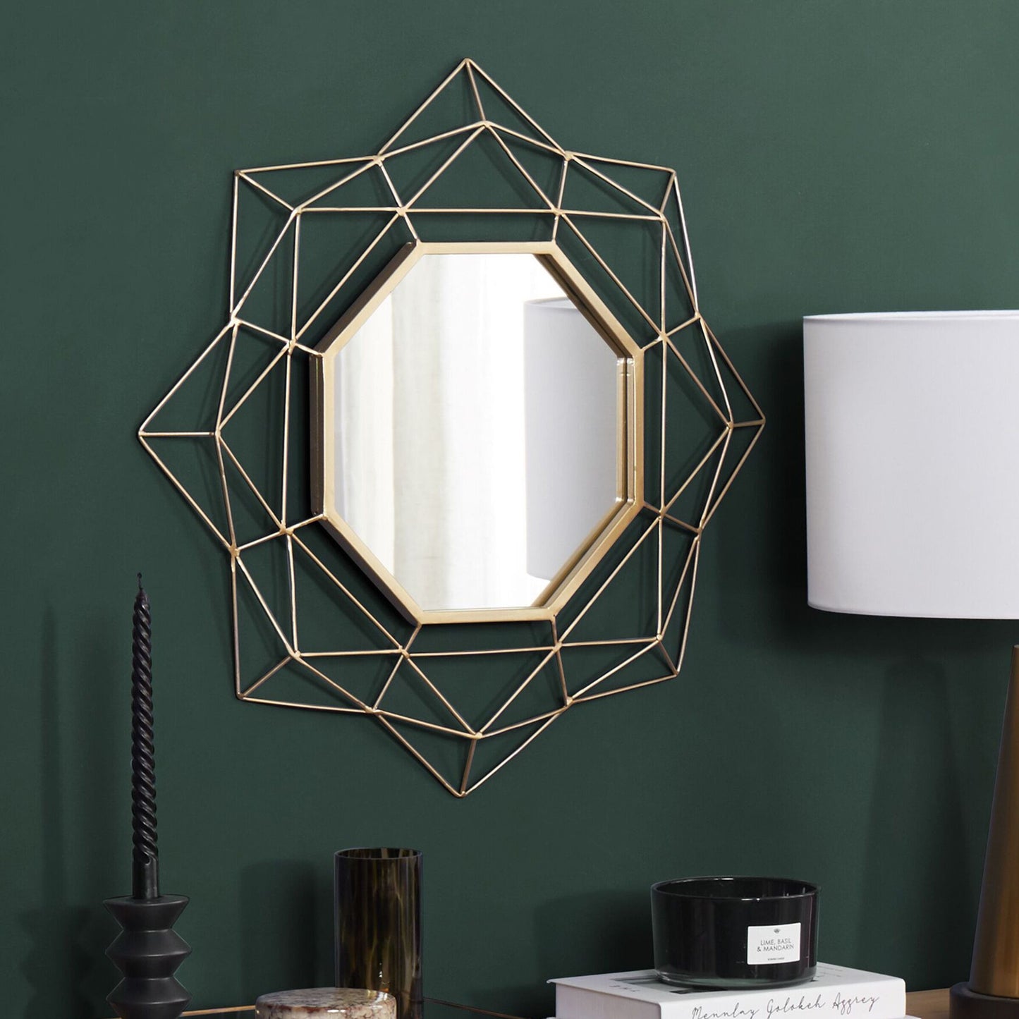 Wall Mounted Gold Round Mirror 60cm Art Deco Geometric Frame Hollywood Glam