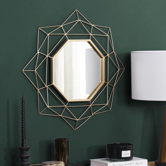 Wall Mounted Gold Round Mirror 60cm Art Deco Geometric Frame Hollywood Glam