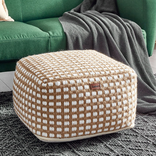 Pouf Ottoman Footstool Beige Cotton Wool Handwoven 50 x 50cm