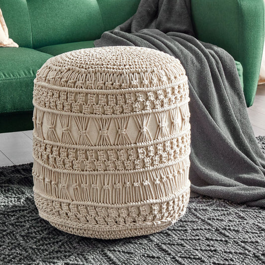 Bead Filled Beige Pouf Ottoman 45 x 45 x 45cm Handwoven Tufted Cushion for Living Room
