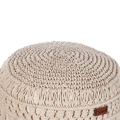 Bead Filled Beige Pouf Ottoman 45 x 45 x 45cm Handwoven Tufted Cushion for Living Room
