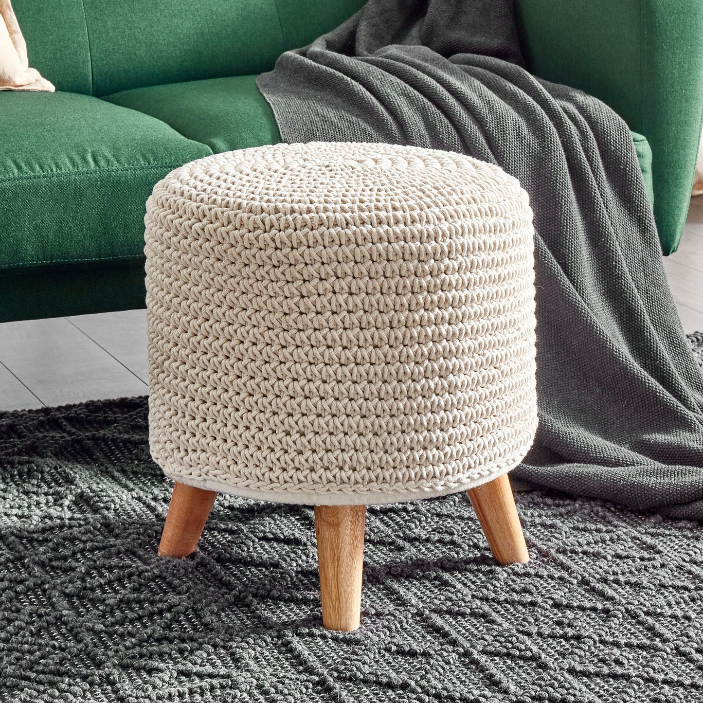 Handmade Footstool Beige Cotton With Solid Wooden Legs 40 x 40 x 40cm Soft Linen Texture