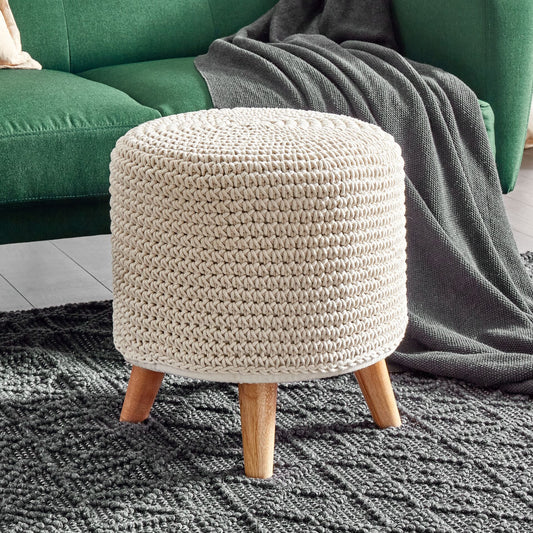 Handmade Footstool Beige Cotton With Solid Wooden Legs 40 x 40 x 40cm Soft Linen Texture