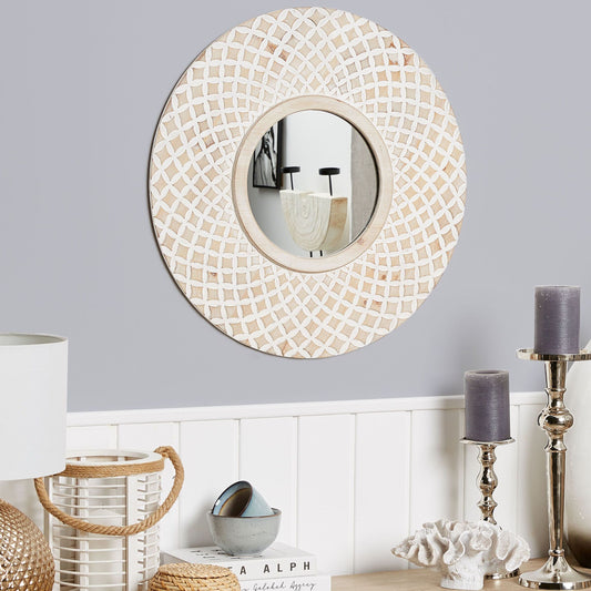 Wall Mirror 60cm Round Handmade Wood Frame Quatrefoil Rustic