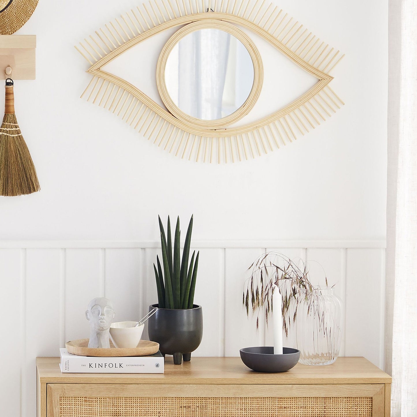 Eye Shape Wall Mirror 48 x 79cm Light Brown Handmade Bamboo Frame Boho Rustic