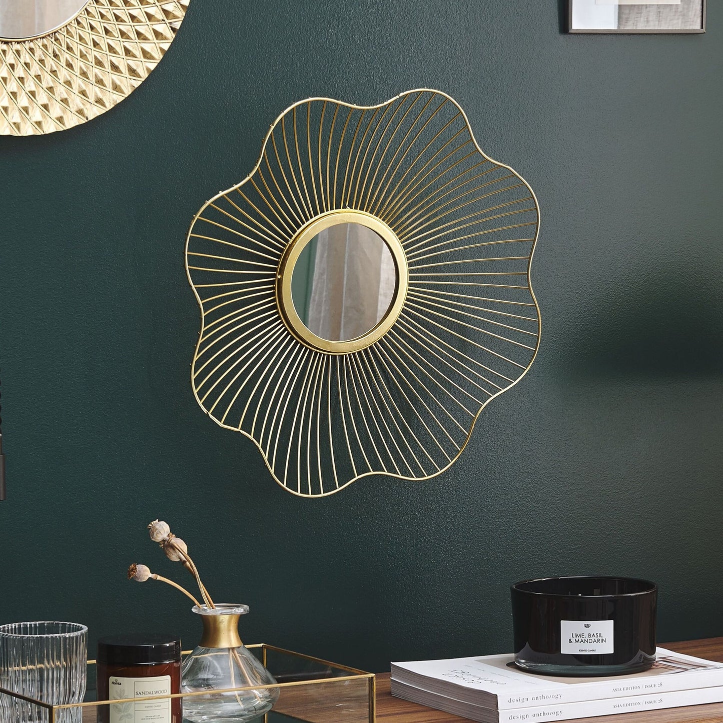 Living Flower Shaped Wall Mirror Gold Metal Frame 40cm