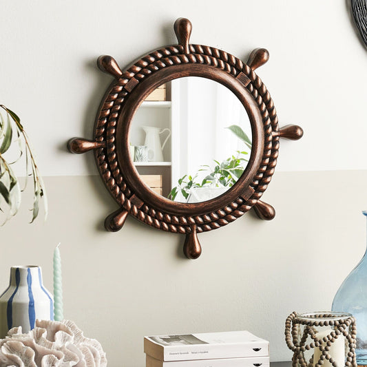 Nautical Rope Frame Wall Mirror Dark Brown 46cm Diameter Vintage Distressed Finish