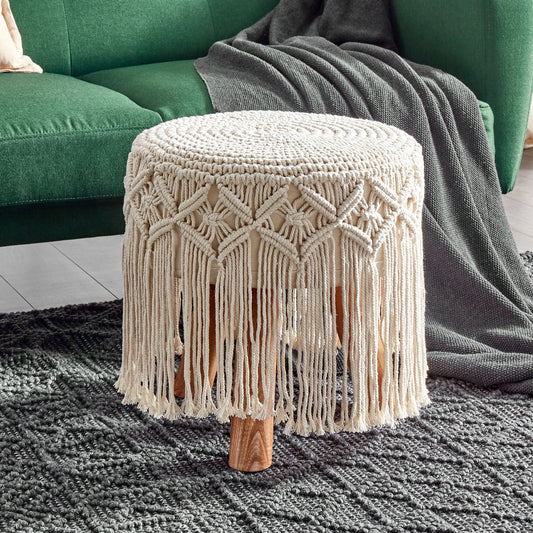 Beige Cotton Footstool Handmade With Wooden Legs 40 x 40 x 50cm