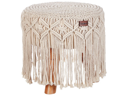 Beige Cotton Footstool Handmade With Wooden Legs 40 x 40 x 50cm