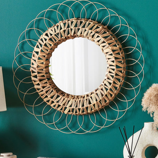 Hyacinth Home Wall Mirror Natural Water Hyacinth Steel Frame 67cm Diameter Boho Hallway