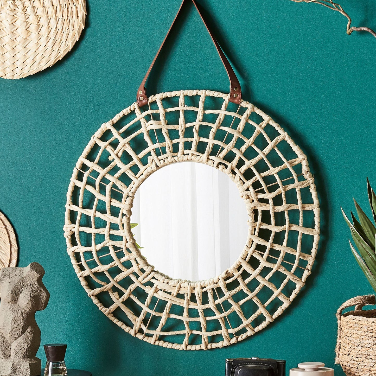 Wall Hanging Mirror With Rope Frame Rustic Modern Decor