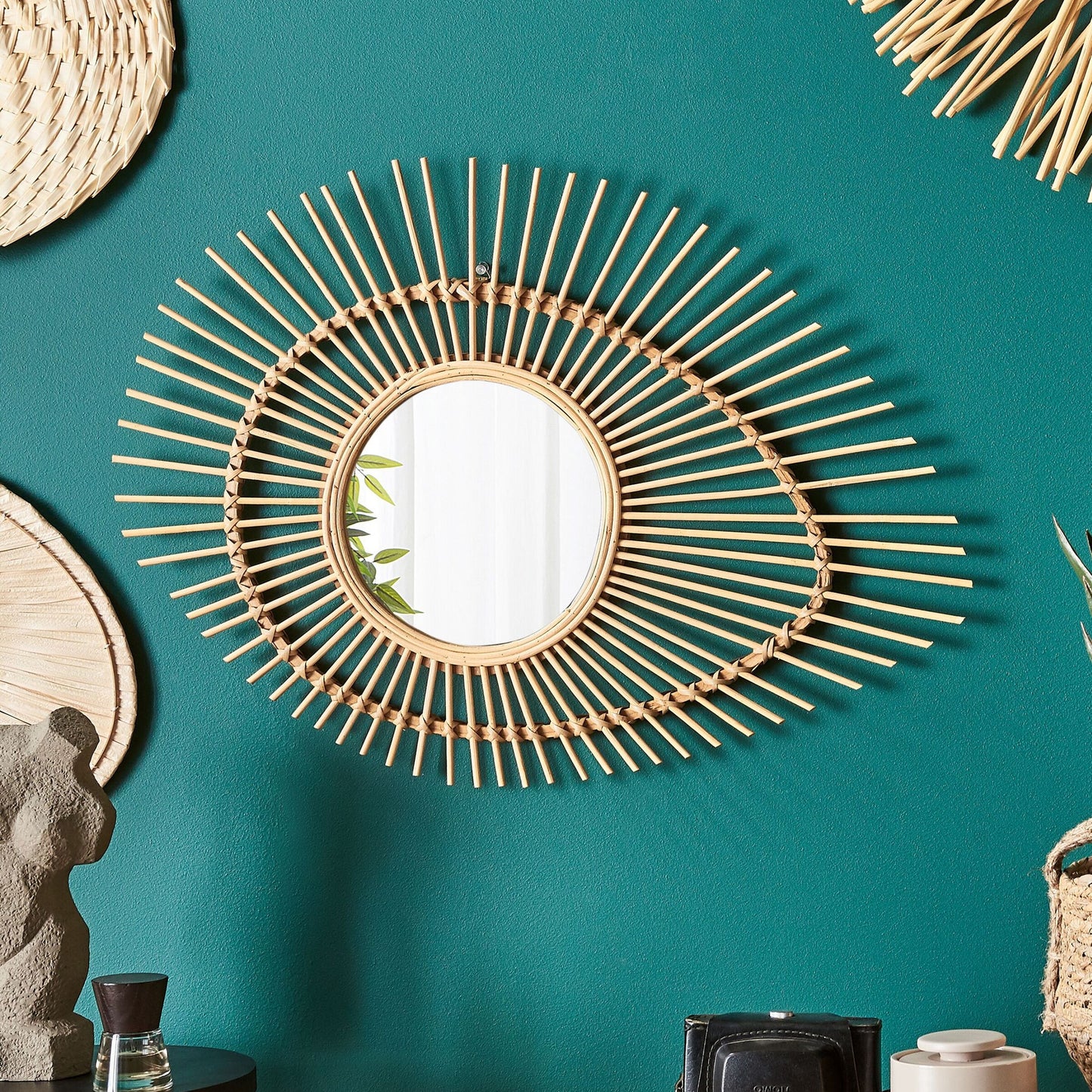 Eye Shape Wall Mirror Bamboo Wood Frame Rustic Modern