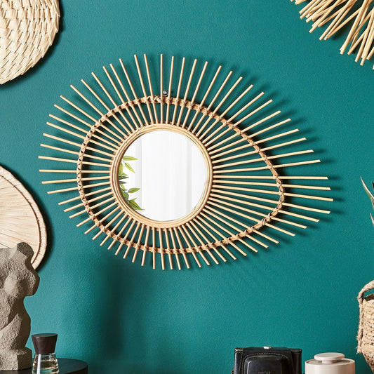 Eye Shape Wall Mirror Bamboo Wood Frame Rustic Modern