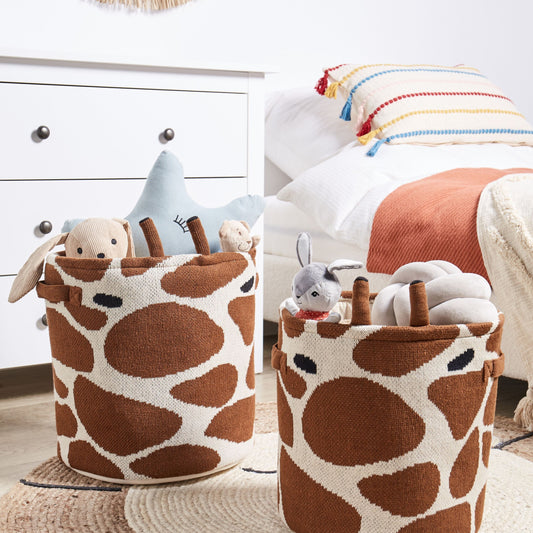 Giraffe Themed Cotton Storage Baskets Set Of 2 With Handles Beige And Brown Kids Toy Organizer
