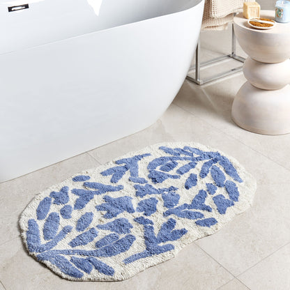 Bathroom Rug Blue Cotton 60 x 90cm Floral Pattern Asymmetric
