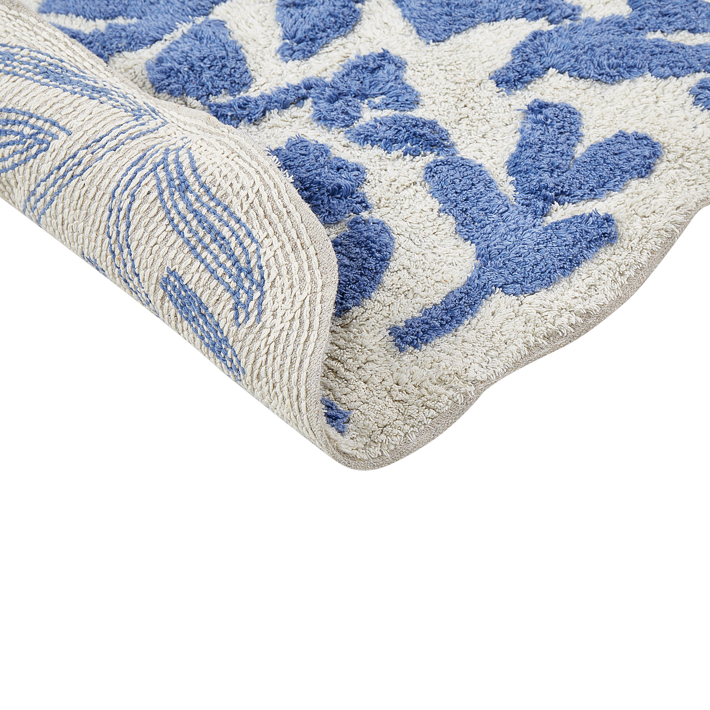 Bathroom Rug Blue Cotton 60 x 90cm Floral Pattern Asymmetric