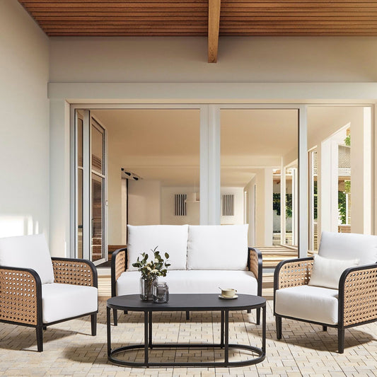 Garden Sofa Set Black Aluminium Frame Off-White Cushions