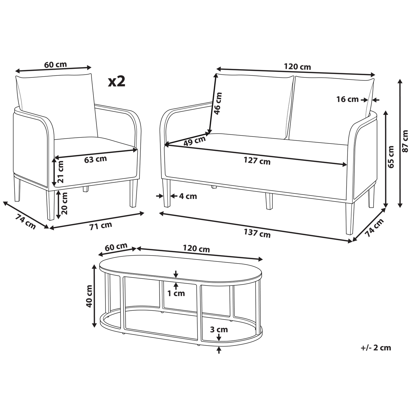 Garden Sofa Set Black Aluminium Frame Off-White Cushions