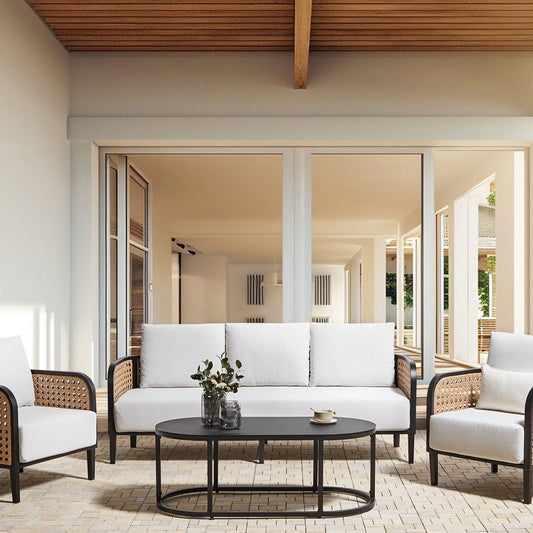 Garden Sofa Set Black Aluminium Frame Off White Cushions