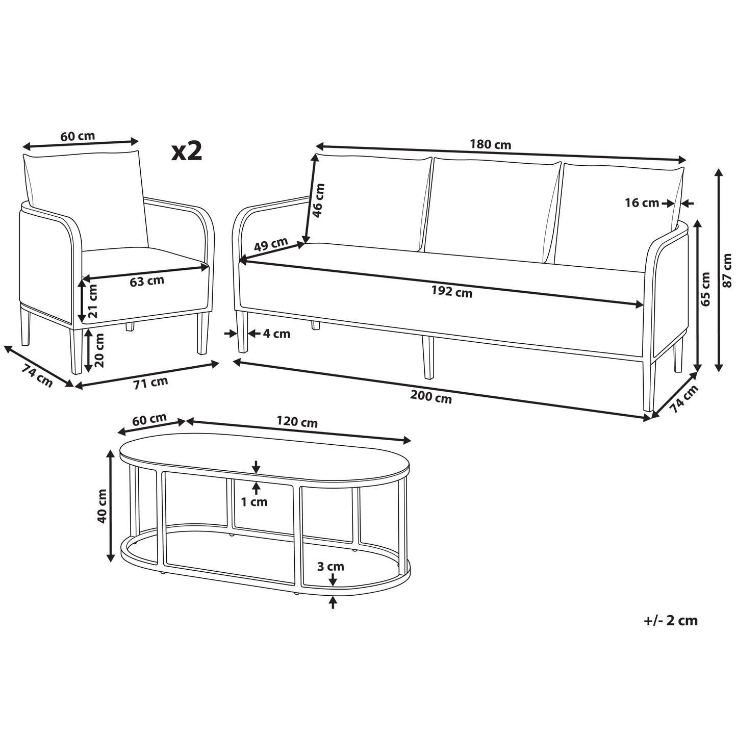 Garden Sofa Set Black Aluminium Frame Off White Cushions
