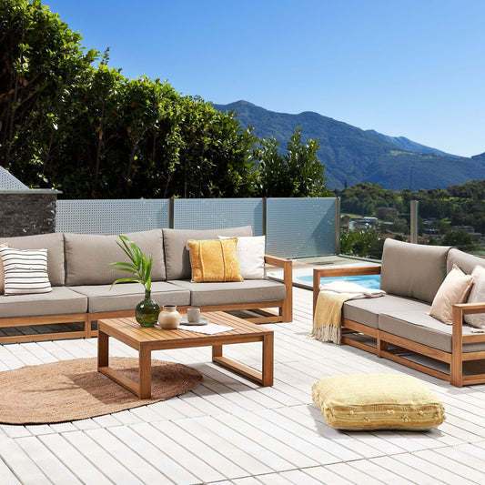 Outdoor Garden Sofa Set Light Brown Certified Acacia 5 Seater With Coffee Table Cushions Modern Design