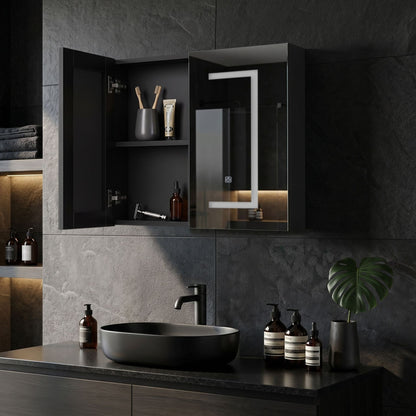 Home Black Glass And Wood LED Bathroom Mirror Cabinet 60 x 60cm With Hidden Shelves And Modern Design