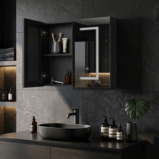 Home Black Glass And Wood LED Bathroom Mirror Cabinet 60 x 60cm With Hidden Shelves And Modern Design
