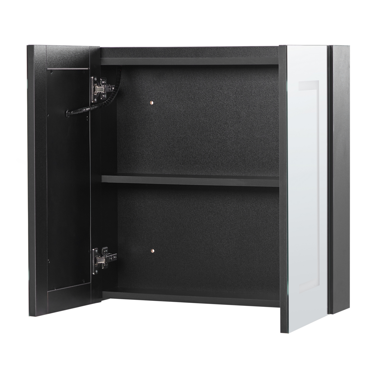 Home Black Glass And Wood LED Bathroom Mirror Cabinet 60 x 60cm With Hidden Shelves And Modern Design