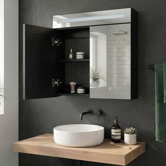 Bathroom Mirror Cabinet with LED in Black Glass and Engineered Wood 60 x 60cm Modern Design