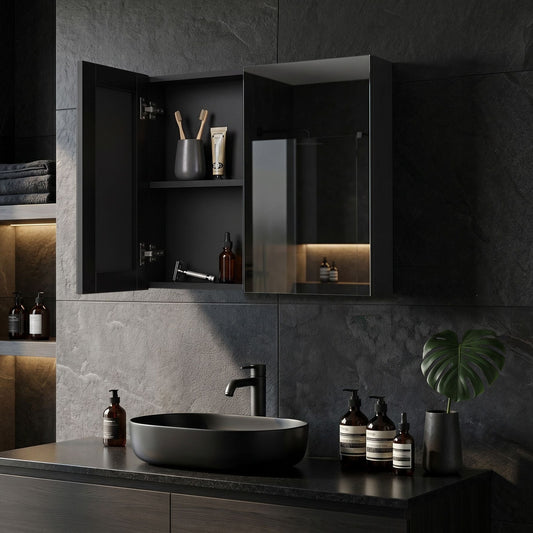 Handleless Black Plywood Bathroom Mirror Cabinet 60 By 60cm Hanging 2 Door