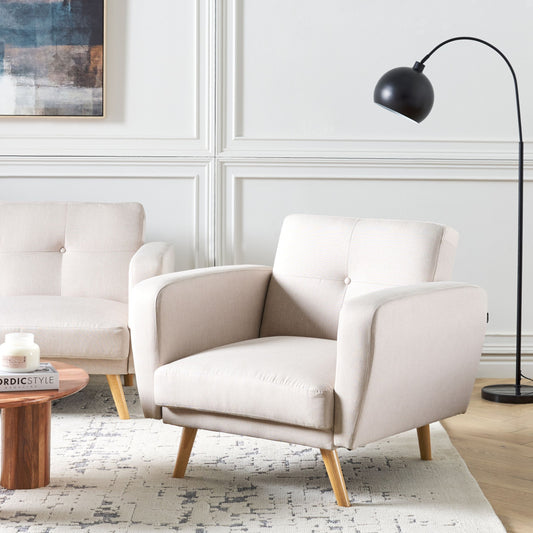 Armchair Beige Fabric With Wooden Legs Adjustable Headrest