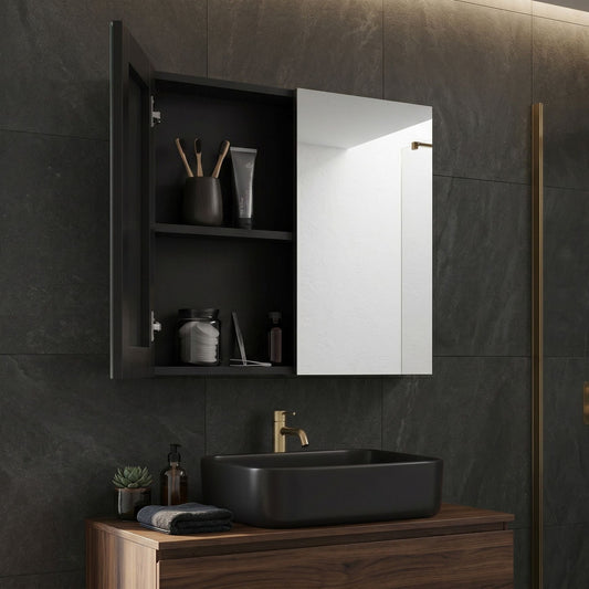 Black Bathroom Mirror Cabinet 80 x 70cm Hanging 2 Door