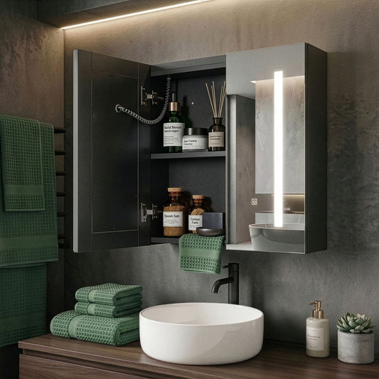 Bath Mirror Cabinet Black Plywood 60 x 60cm LED 2 Door