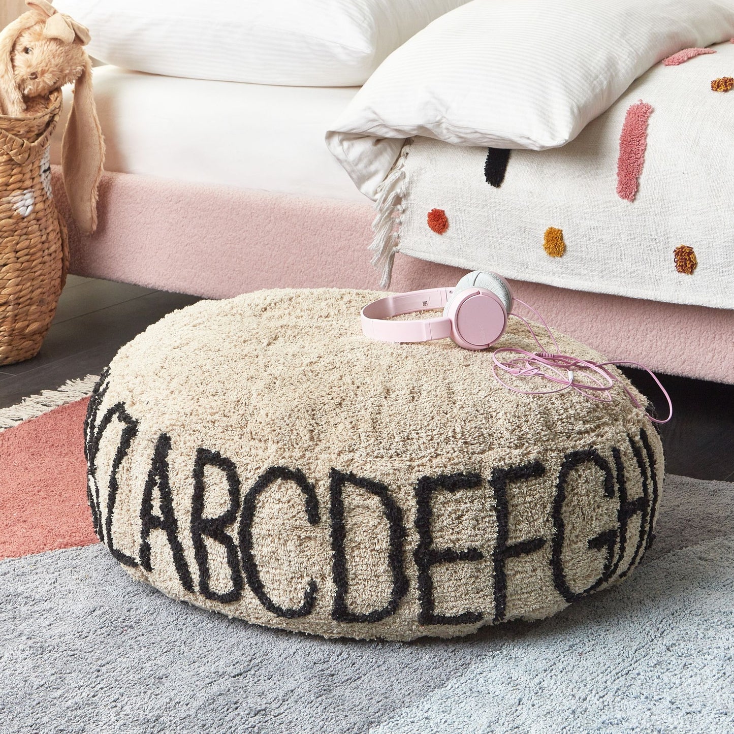 Alphabet Pattern Floor Cushion 60 x 60 Beige Cotton