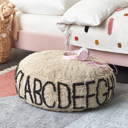 Alphabet Pattern Floor Cushion 60 x 60 Beige Cotton