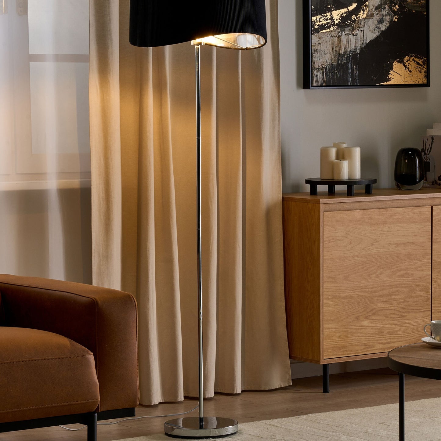 Floor Lamp Silver Black Metal Base Faux Silk Shade Modern